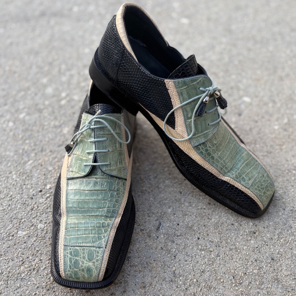 David Eden Mens 13 Exotic Skin Alligator Lizard Patchwork Dress Shoes Green Blk